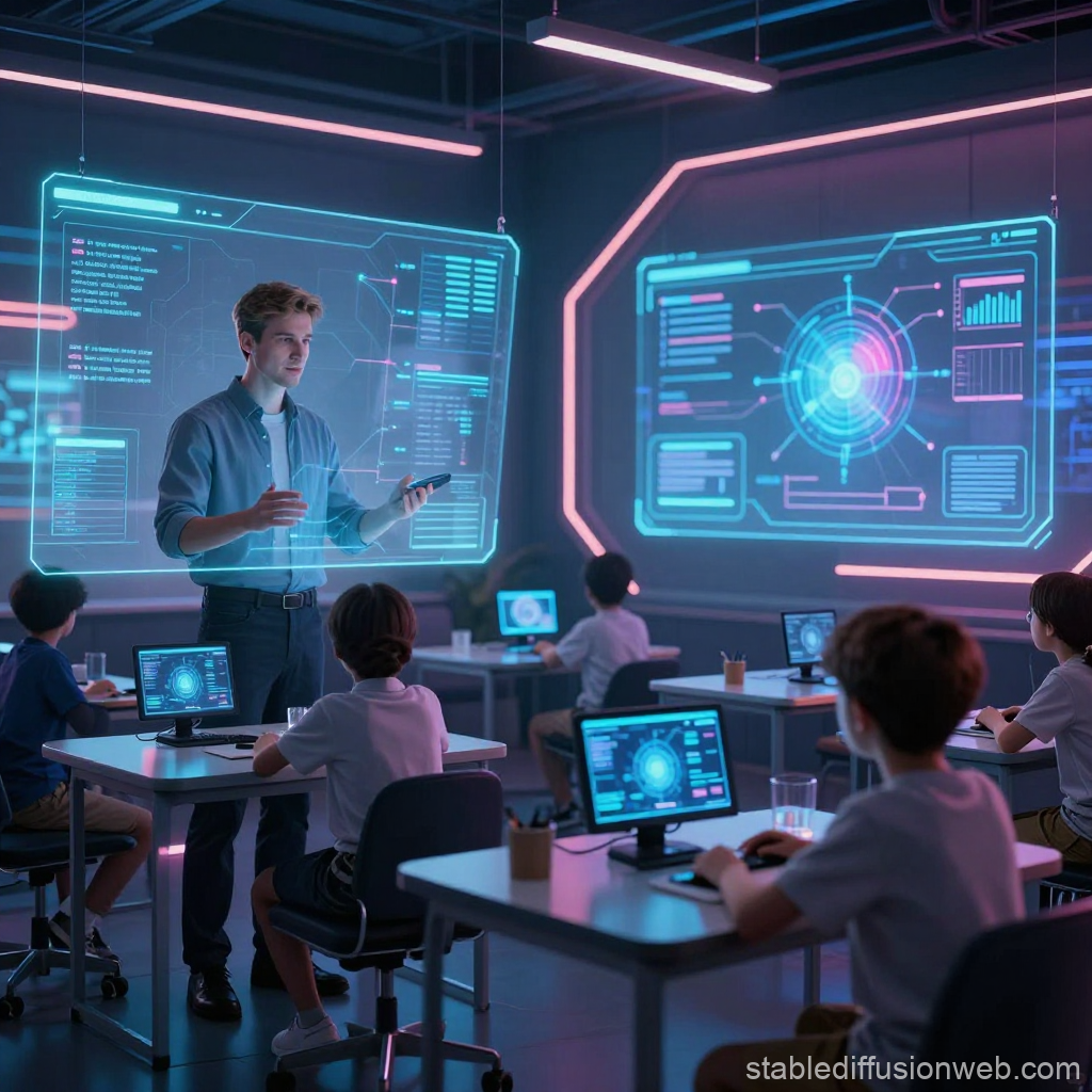Futuristic AI Classroom with Holographic Displays in 2050