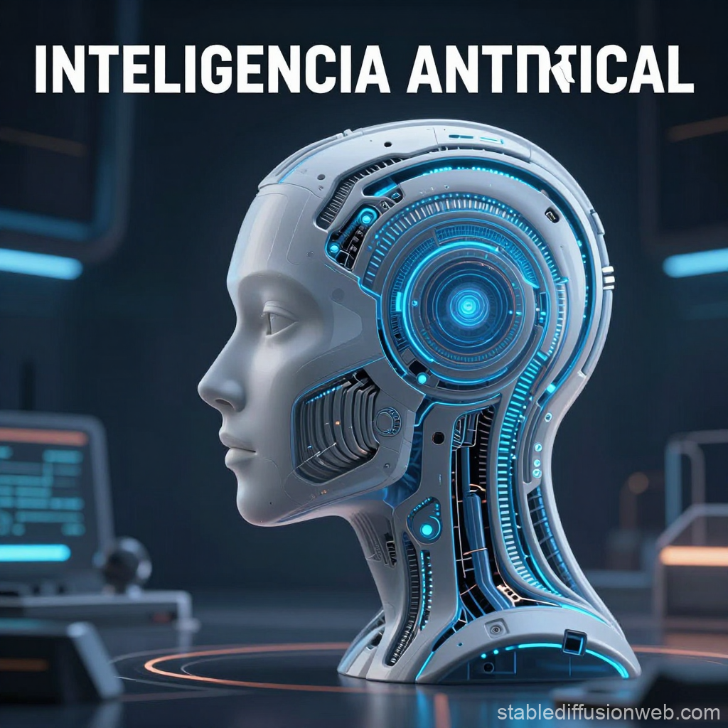 Futuristic AI Robot Head with Blue Neon Circuitry