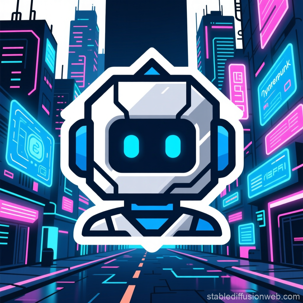 Futuristic AI Robot Icon in Neon Cyber City