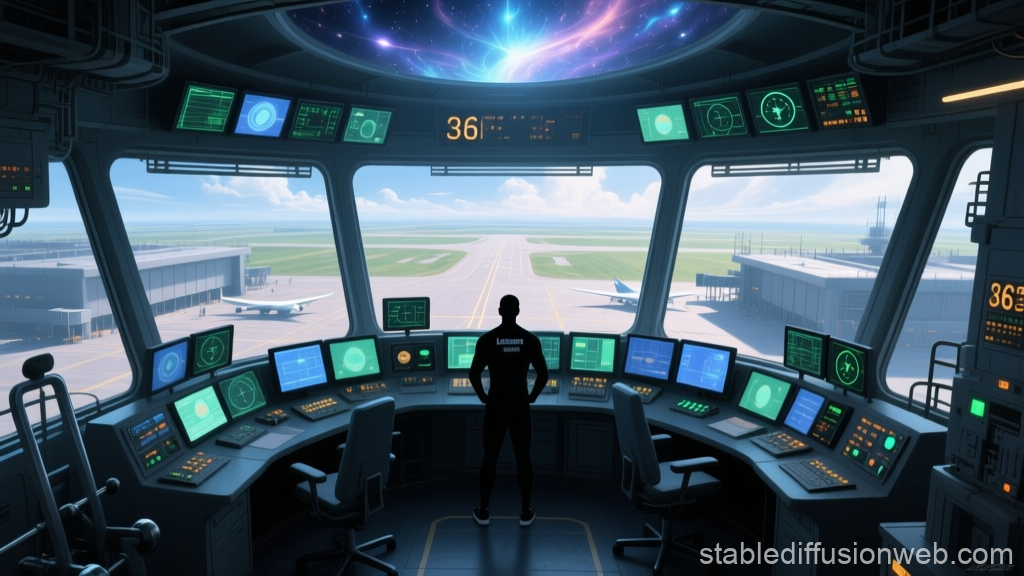 Futuristic Air Traffic Control Tower Interior with Operator
