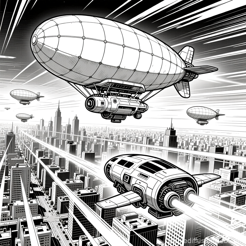 Futuristic Airships and Spaceship Over a Manga Cityscape