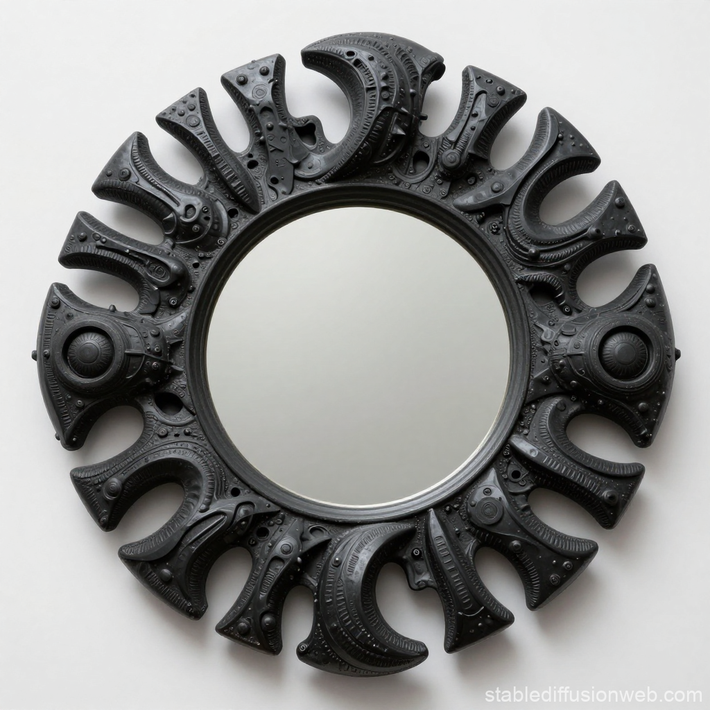 Futuristic Alien Artifact Mirror with Intricate Black Frame