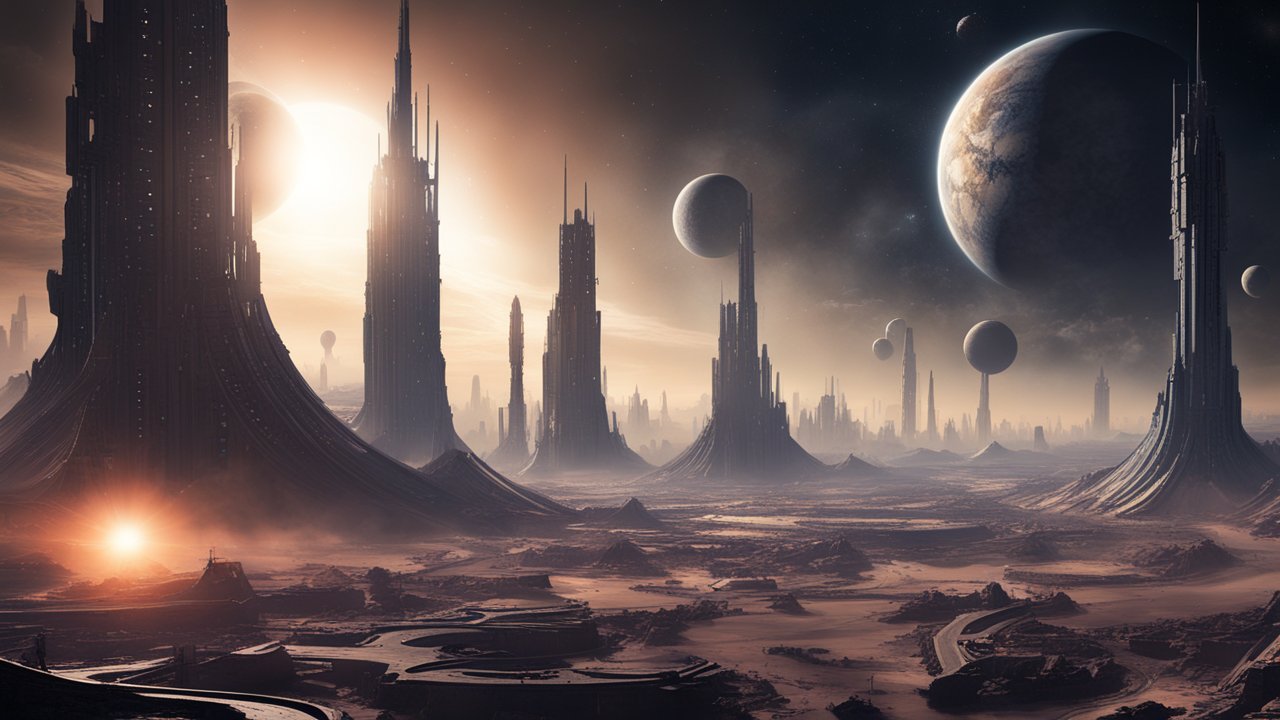 Futuristic Alien Cityscape with Towering Structures and Planets