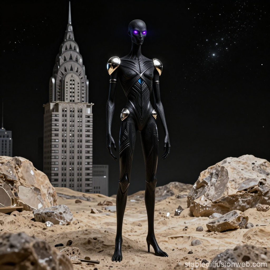 Futuristic Alien Figure with Glowing Purple Eyes on Rocky Terrain