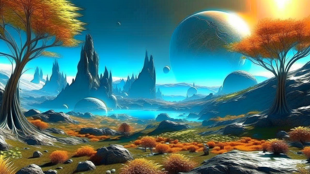Futuristic Alien Landscape with Autumn Trees and Distant Planets