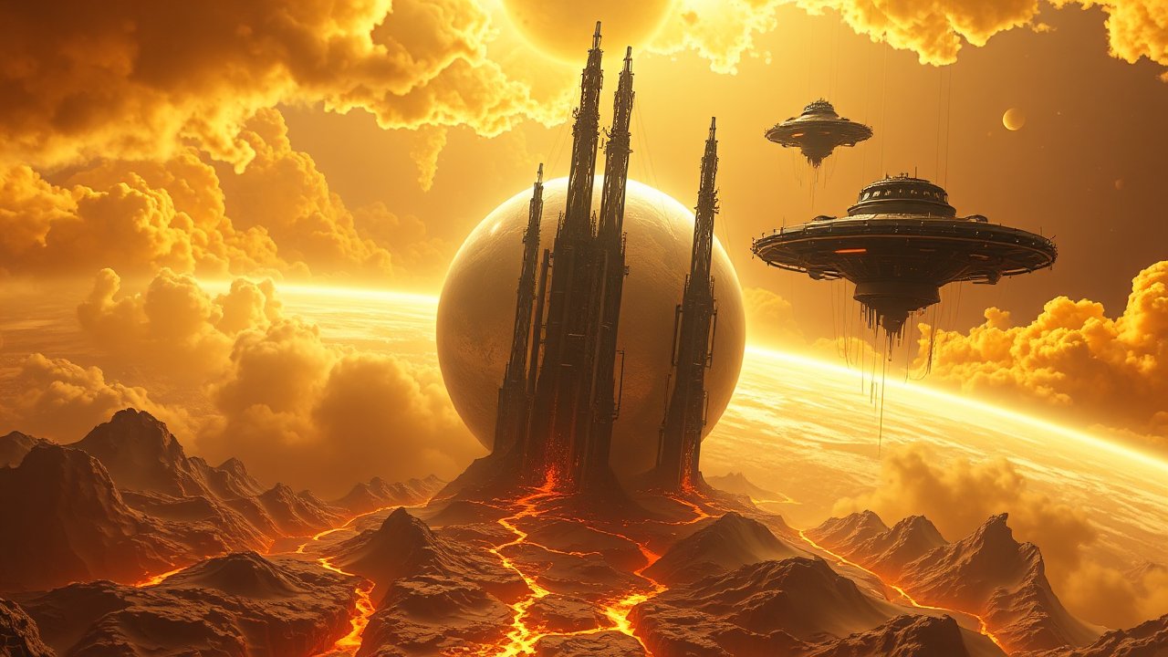 Futuristic Alien Landscape with Floating Space Stations