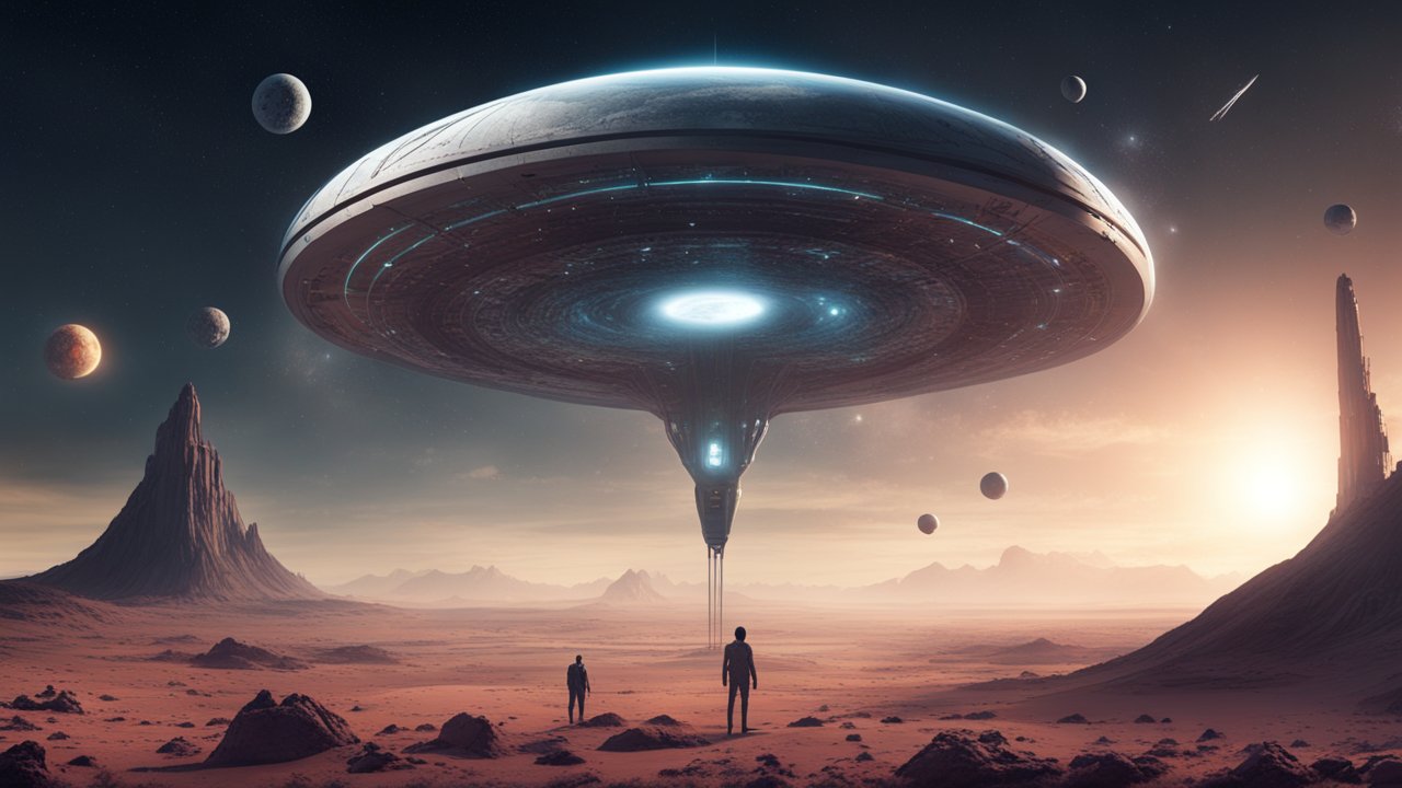 Futuristic Alien Landscape with Massive Spaceship and Planets