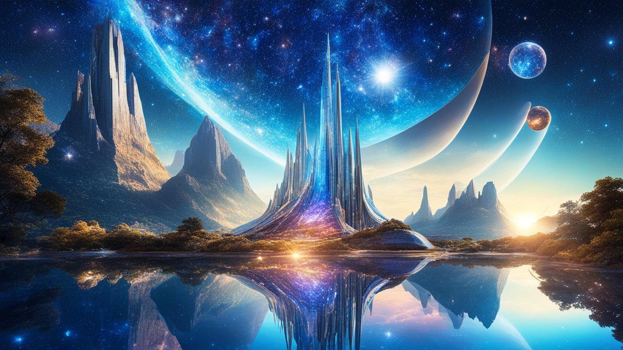 Futuristic Alien Landscape with Towering Spires and Multiple Planets