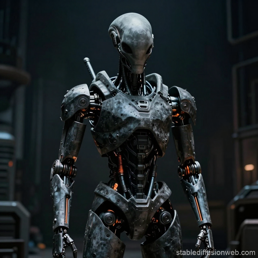 Futuristic Alien Robot in Industrial Setting