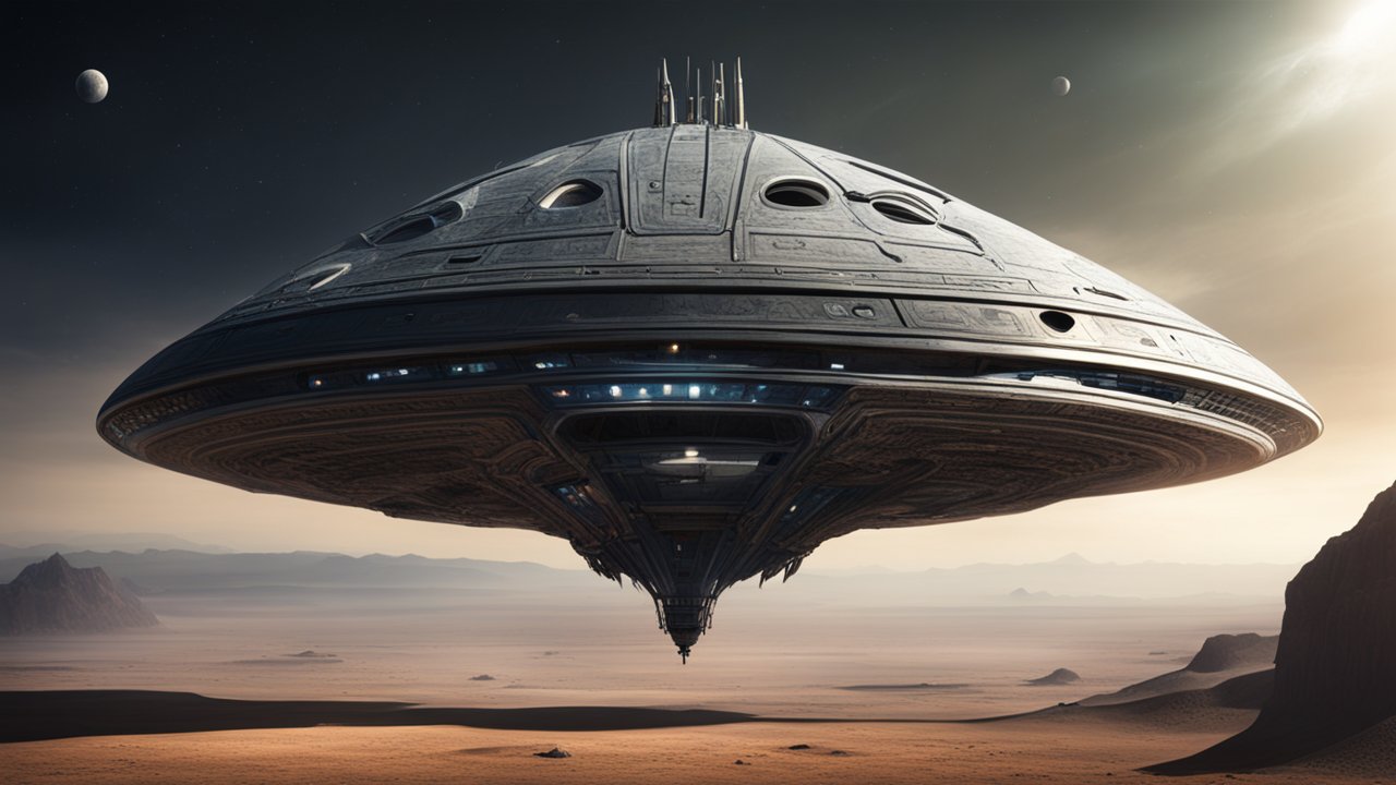Futuristic Alien Spaceship Hovering Over Desert Landscape