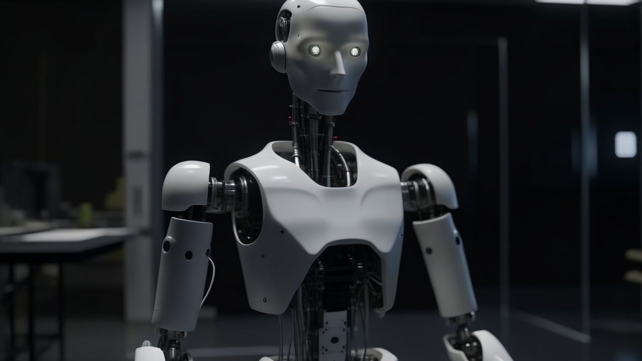 Futuristic Android Humanoid Robot in Dark Lab