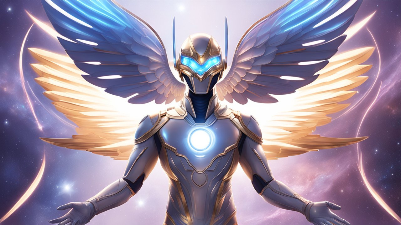 Futuristic Angelic Warrior with Luminous Wings