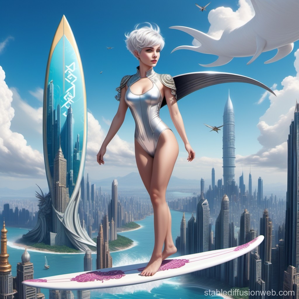 Futuristic Angelic Woman Surfing Above a Sci-Fi City