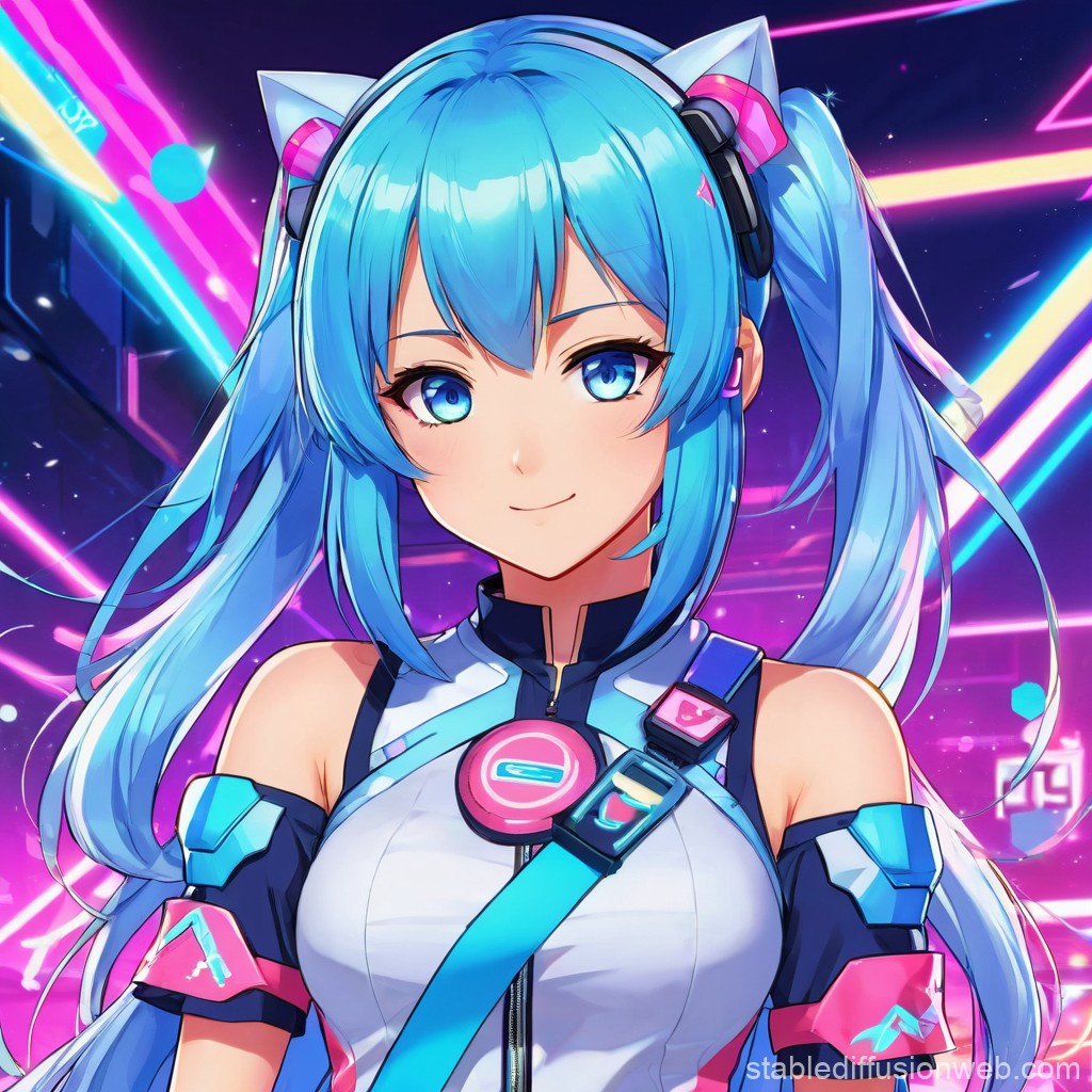 Futuristic Anime Girl with Blue Hair and Neon Background