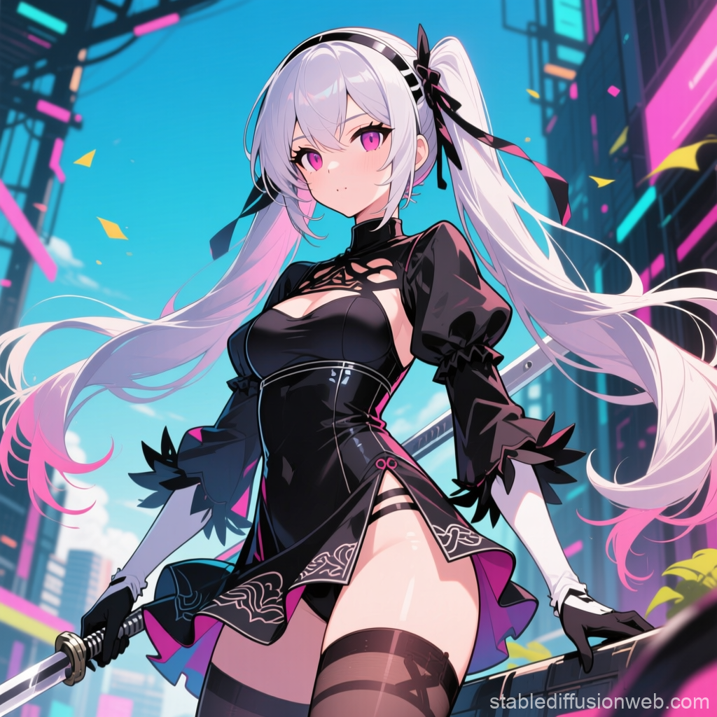 Futuristic Anime Warrior with Long White Hair and Katana