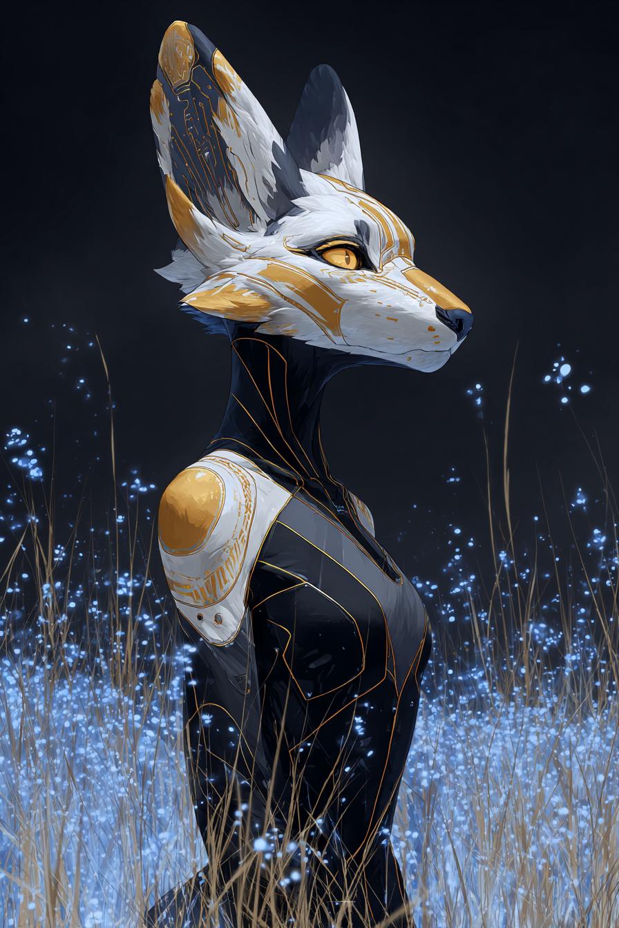 Futuristic Anthropomorphic Fox in a Field of Glowing Flowers