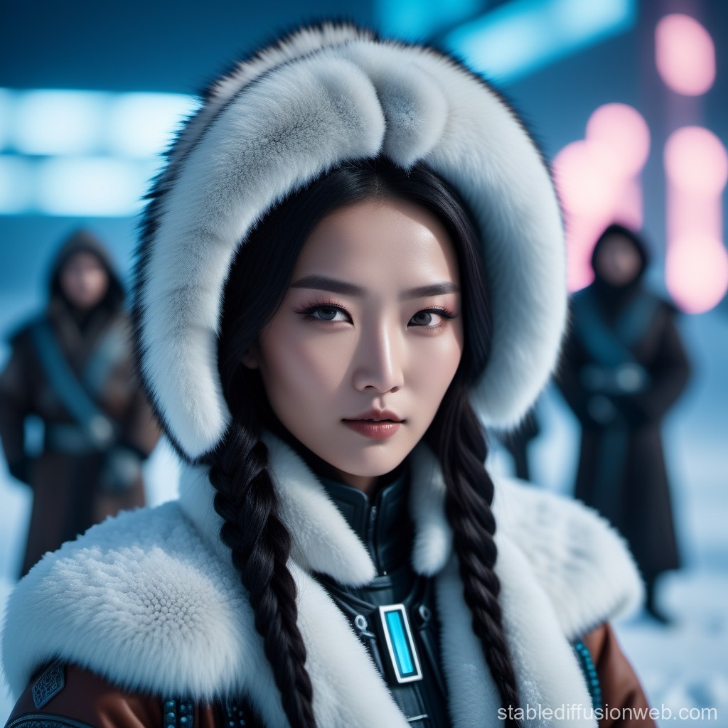 Futuristic Arctic Warrior Woman in Fur Hood