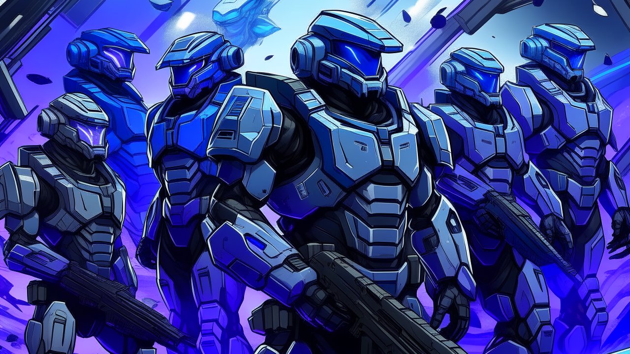 Futuristic Armored Soldiers in Blue Sci-Fi Armor