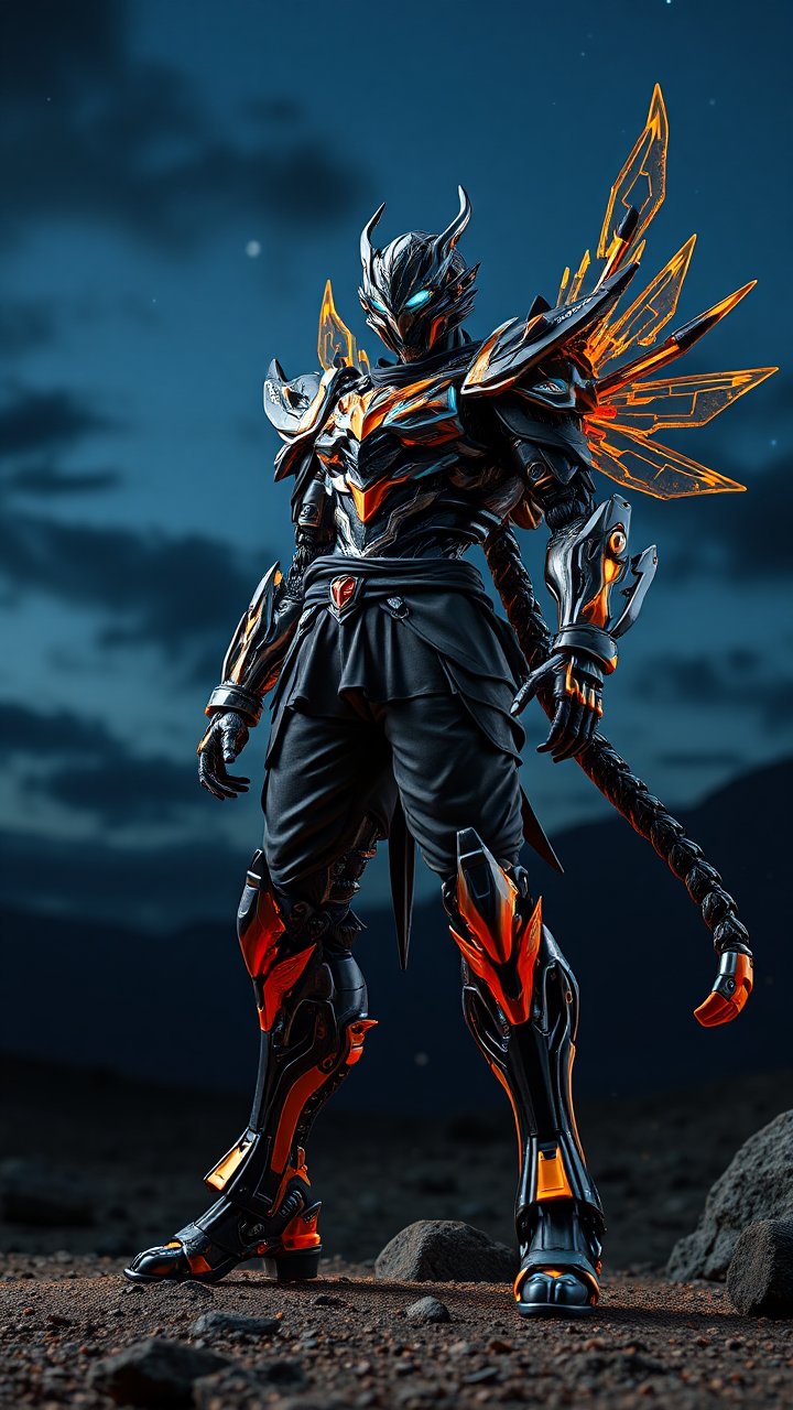Futuristic Armored Warrior with Glowing Orange Wings