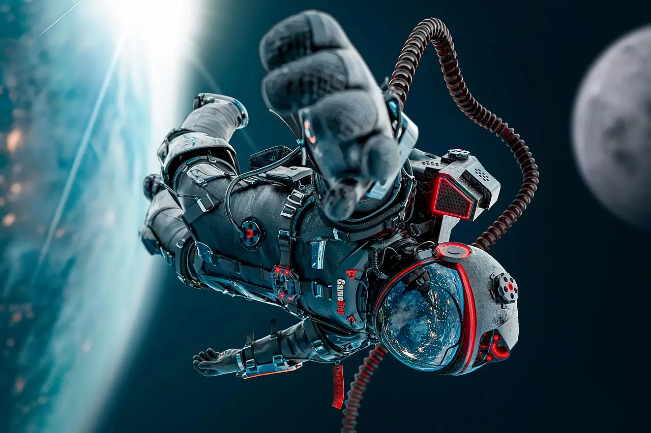 Futuristic Astronaut Floating in Space with Earth Reflection