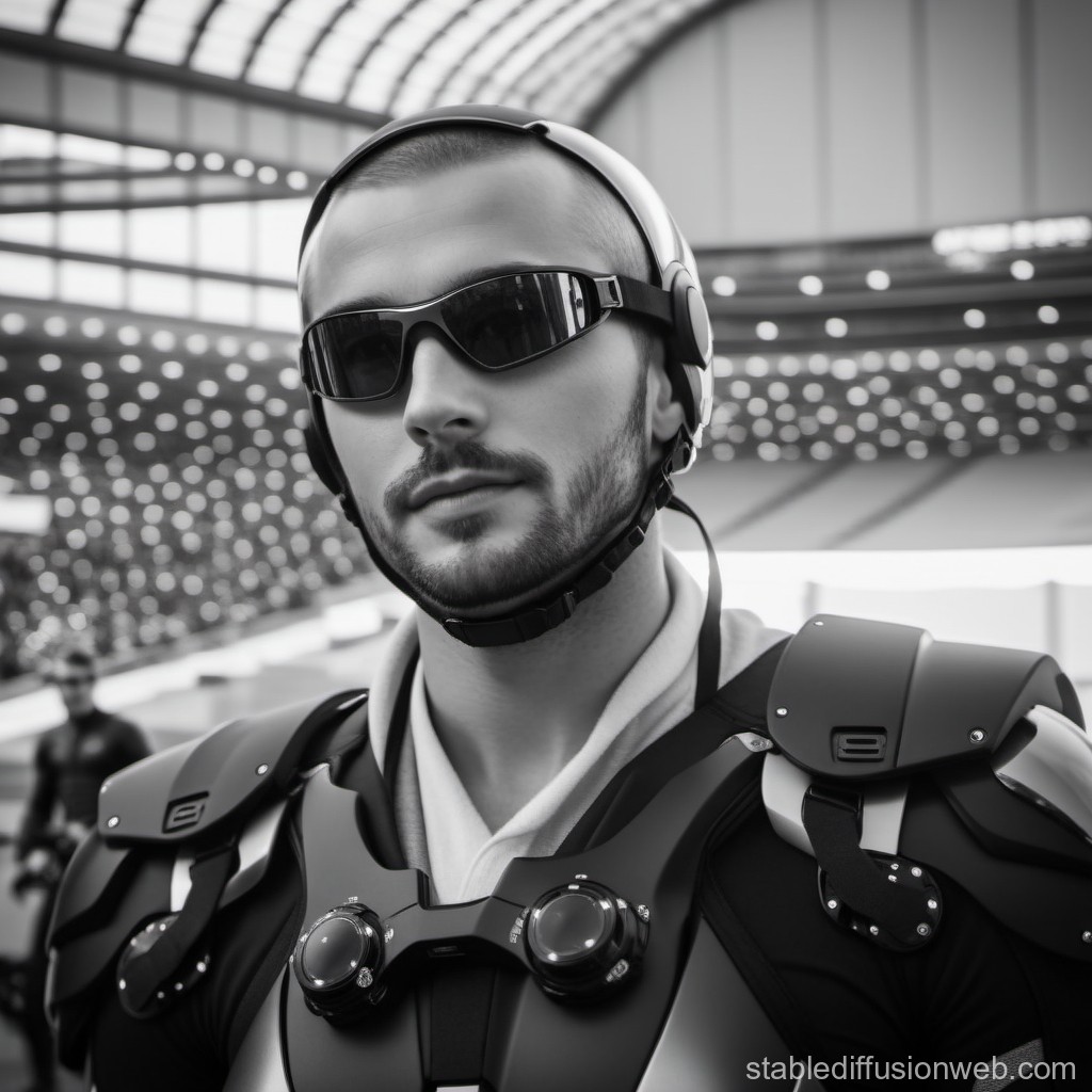 Futuristic Athlete in High-Tech Armor and Helmet