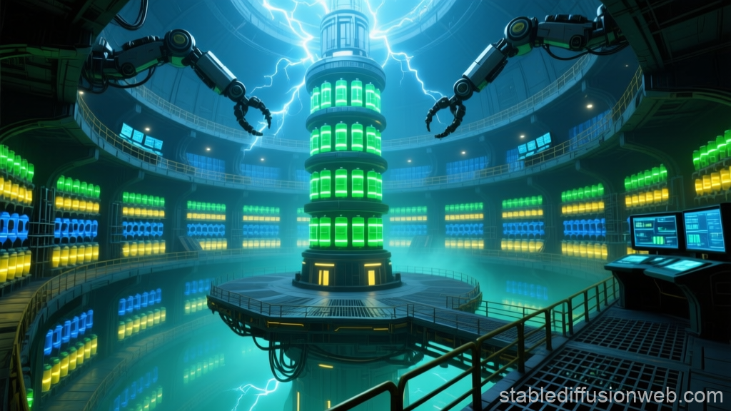 Futuristic Battery Charging Arena with Robotic Arms