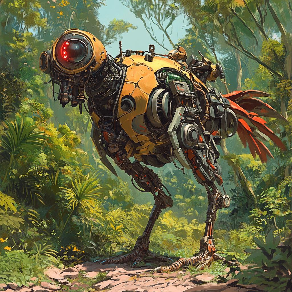 Futuristic Biomechanical Chicken Walker in Jungle