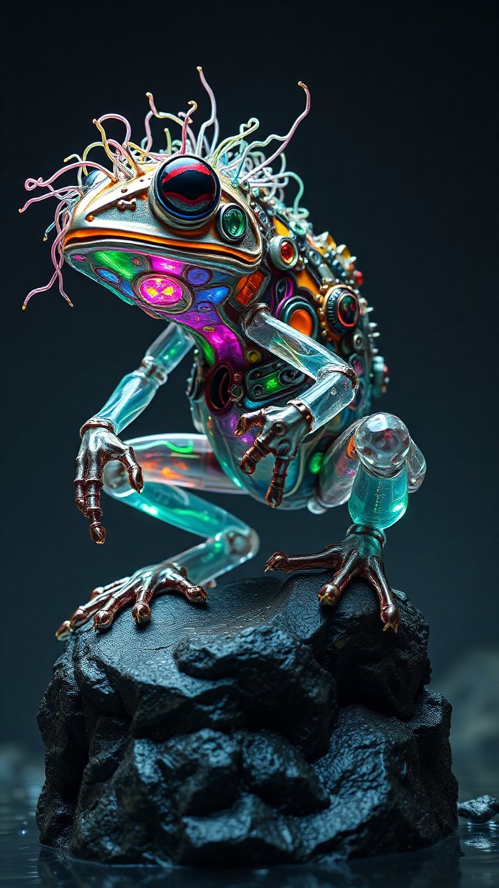Futuristic Biomechanical Frog on Rock