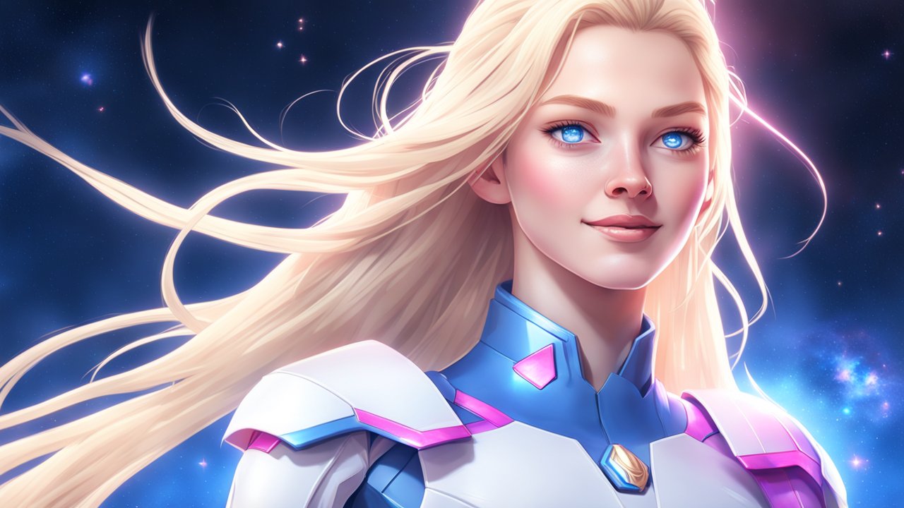 Futuristic Blonde Female Space Warrior with Blue Eyes