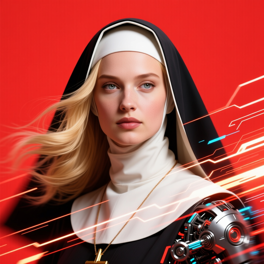 Futuristic Blonde Nun with Cybernetic Arm on Red Background
