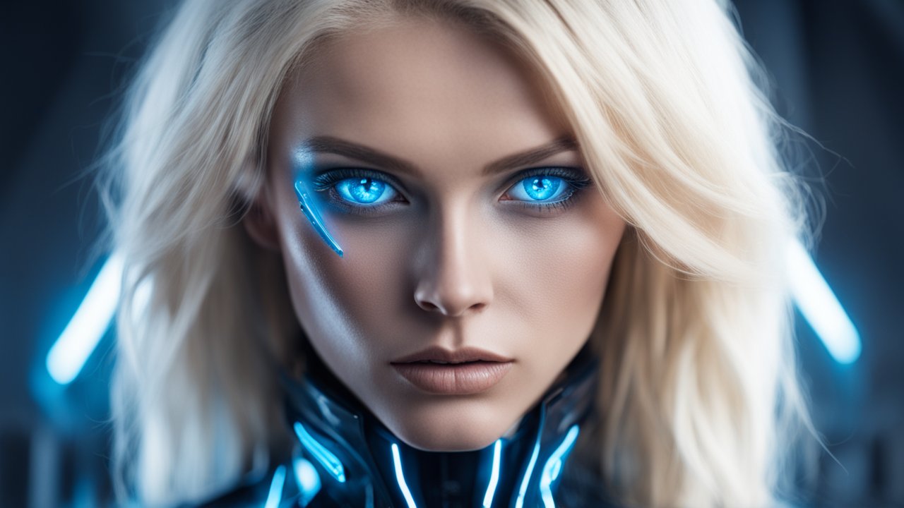 Futuristic Blonde Woman with Glowing Blue Cybernetic Eyes