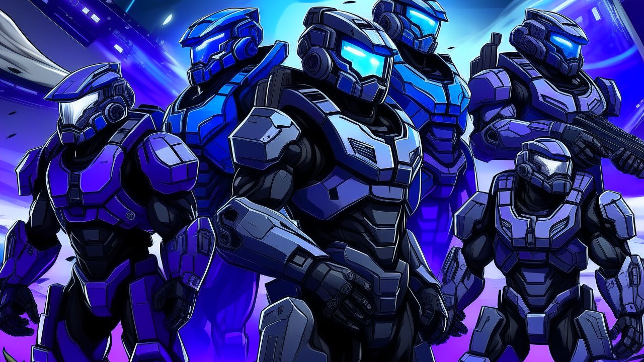 Futuristic Blue Armored Soldiers in Sci-Fi Battle Scene