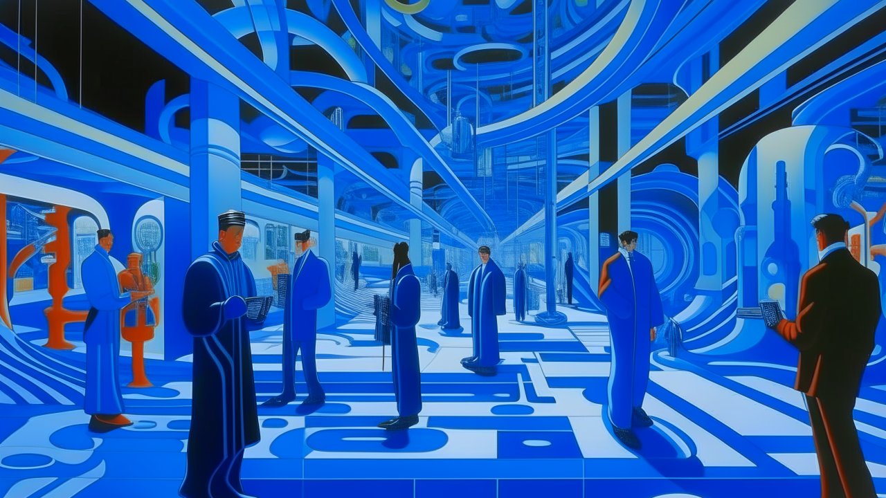 Futuristic Blue-Hued Gathering in Abstract Architectural Space