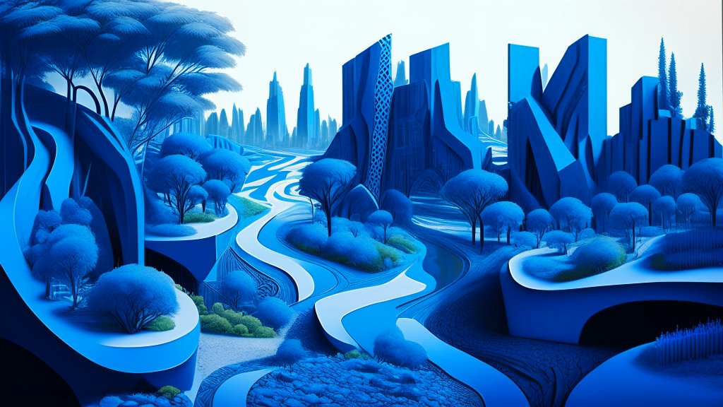 Futuristic Blue Landscape with Flowing River and Abstract Trees
