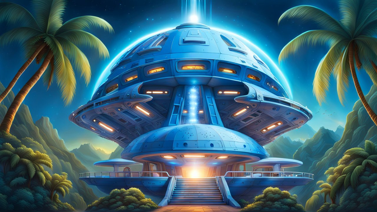 Futuristic Blue Metal Spaceship on Alien Tropical Planet