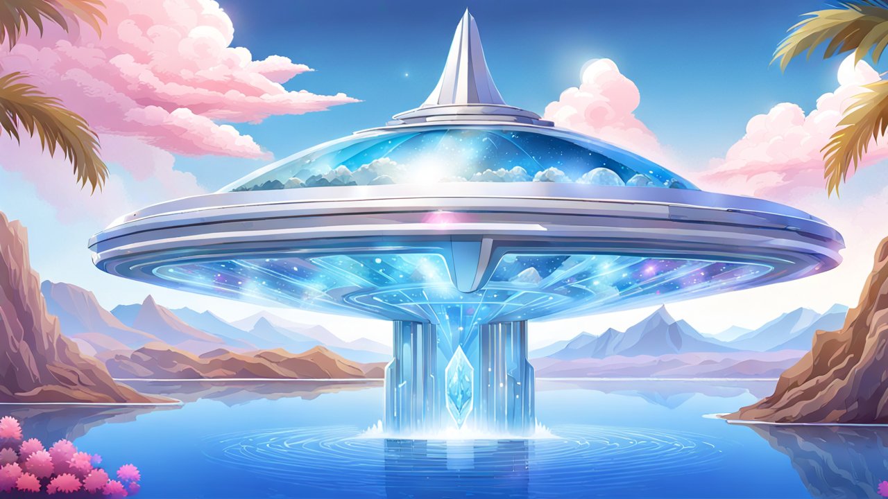 Futuristic Blue Metallic Spaceship Over Serene Lake