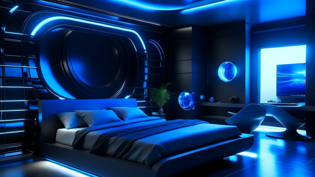 Futuristic Blue Neon Bedroom Interior