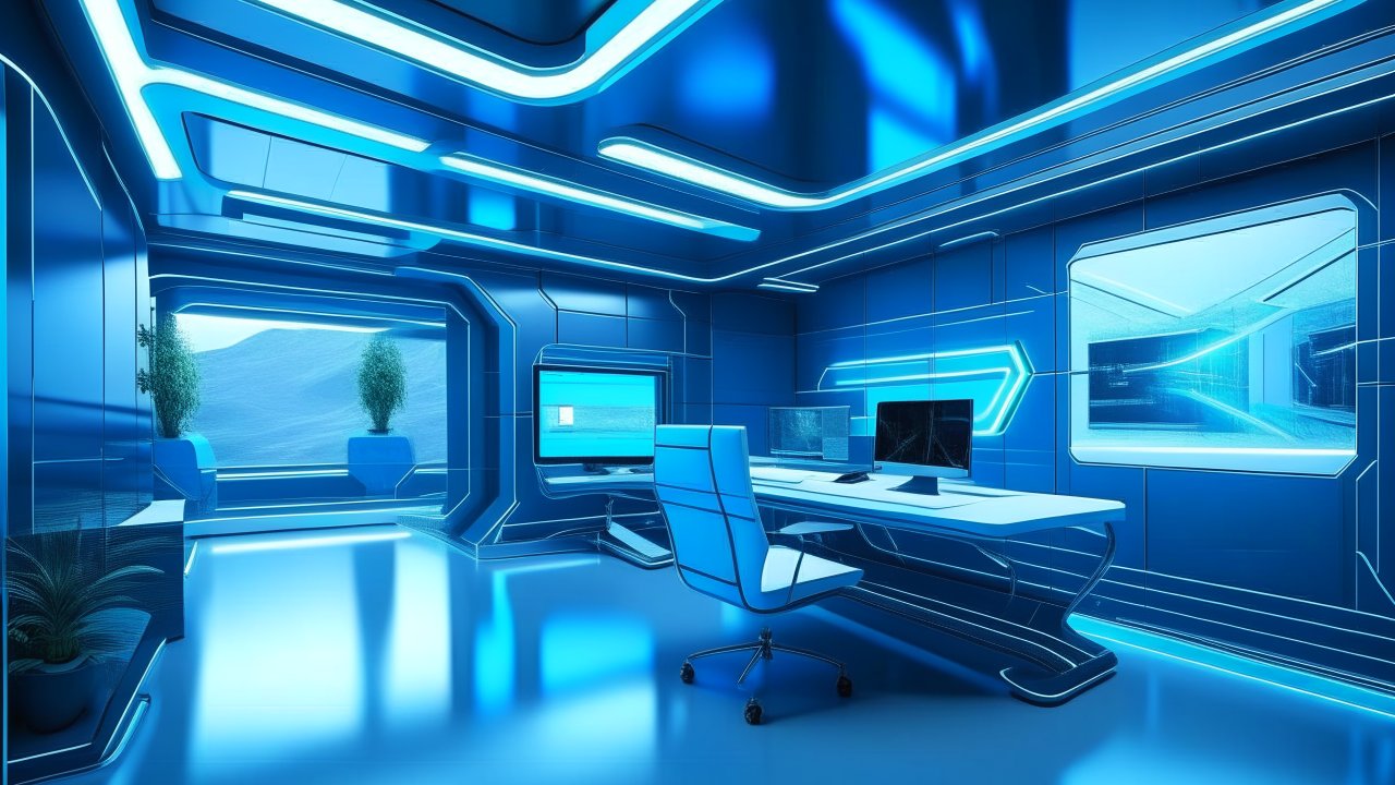 Futuristic Blue Office Interior with Neon Lighting