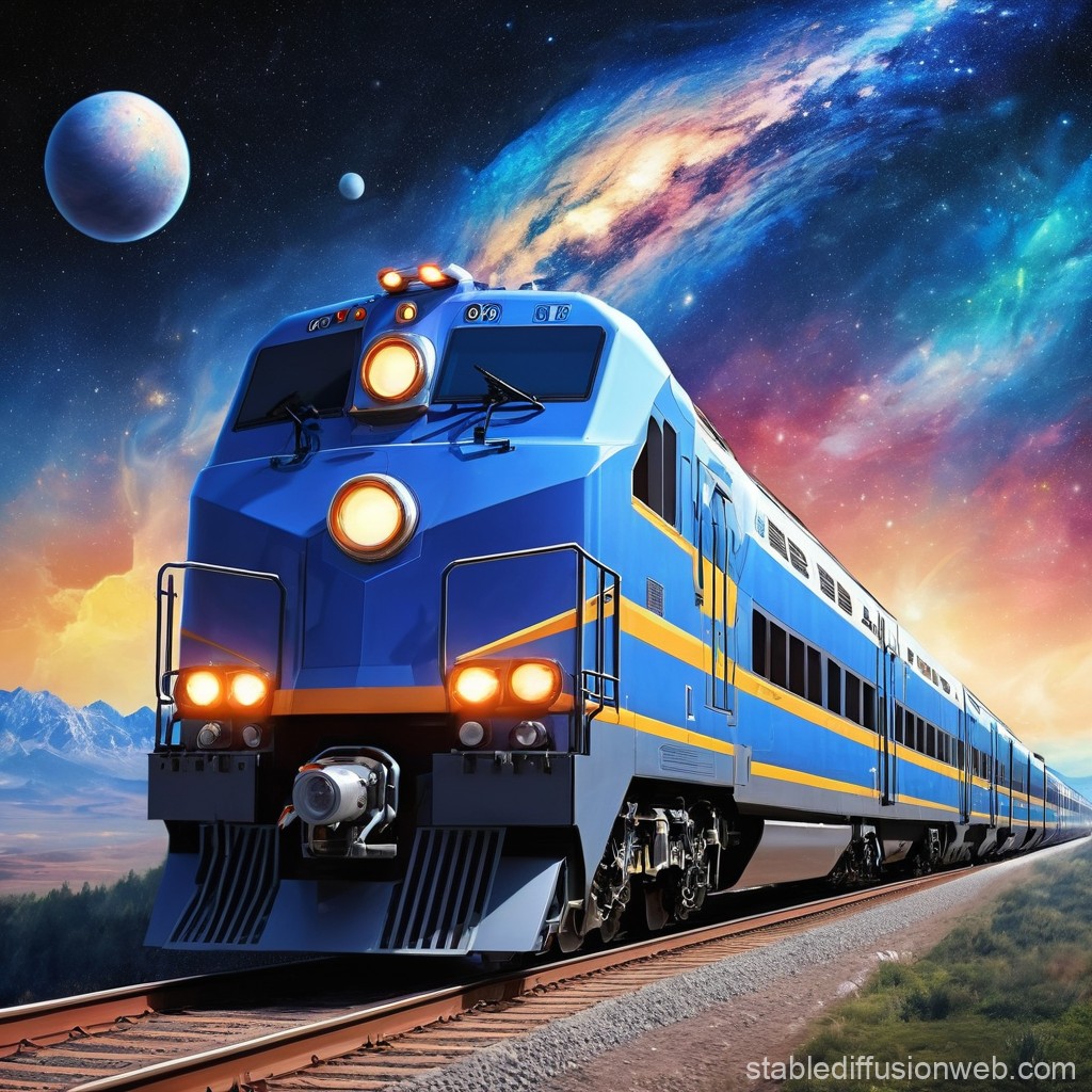 Futuristic Blue Train Traveling Through a Cosmic Landscape