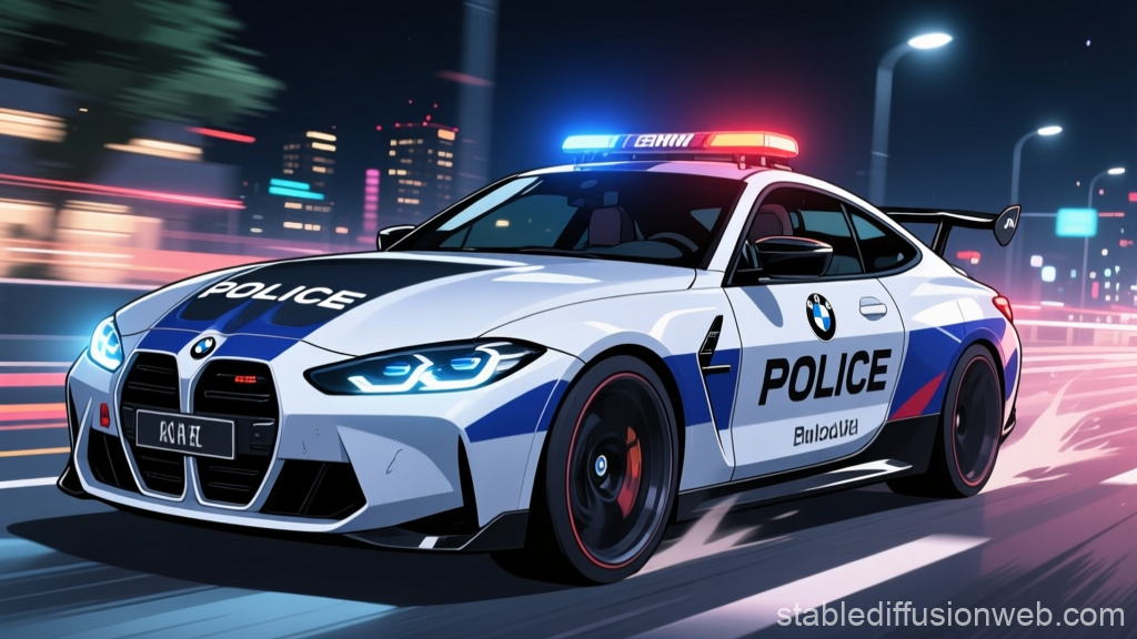 Futuristic BMW Police Car at Night in City
