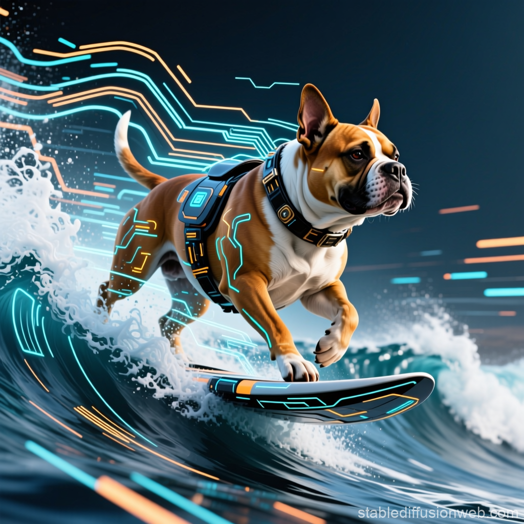 Futuristic Bull Terrier Surfing on Neon Circuit Waves