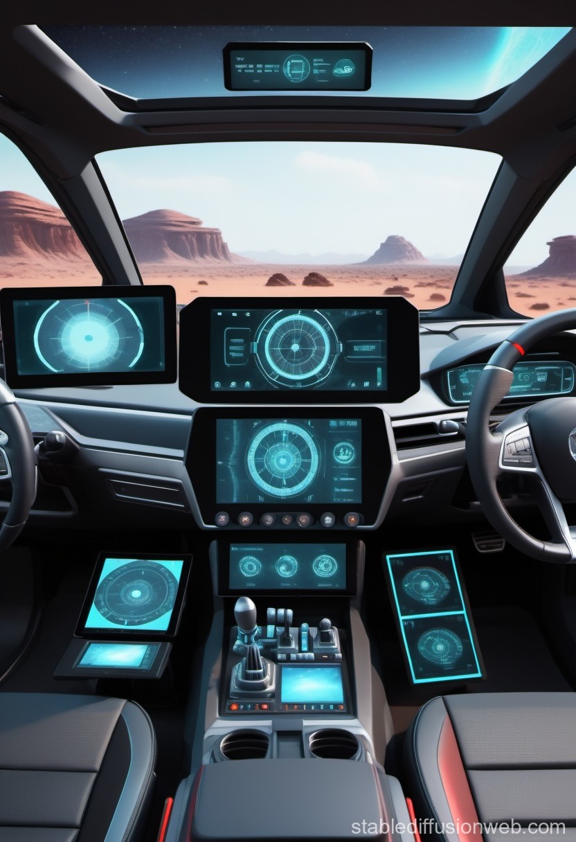 Futuristic Car Interior with Advanced Digital Dashboard in Desert