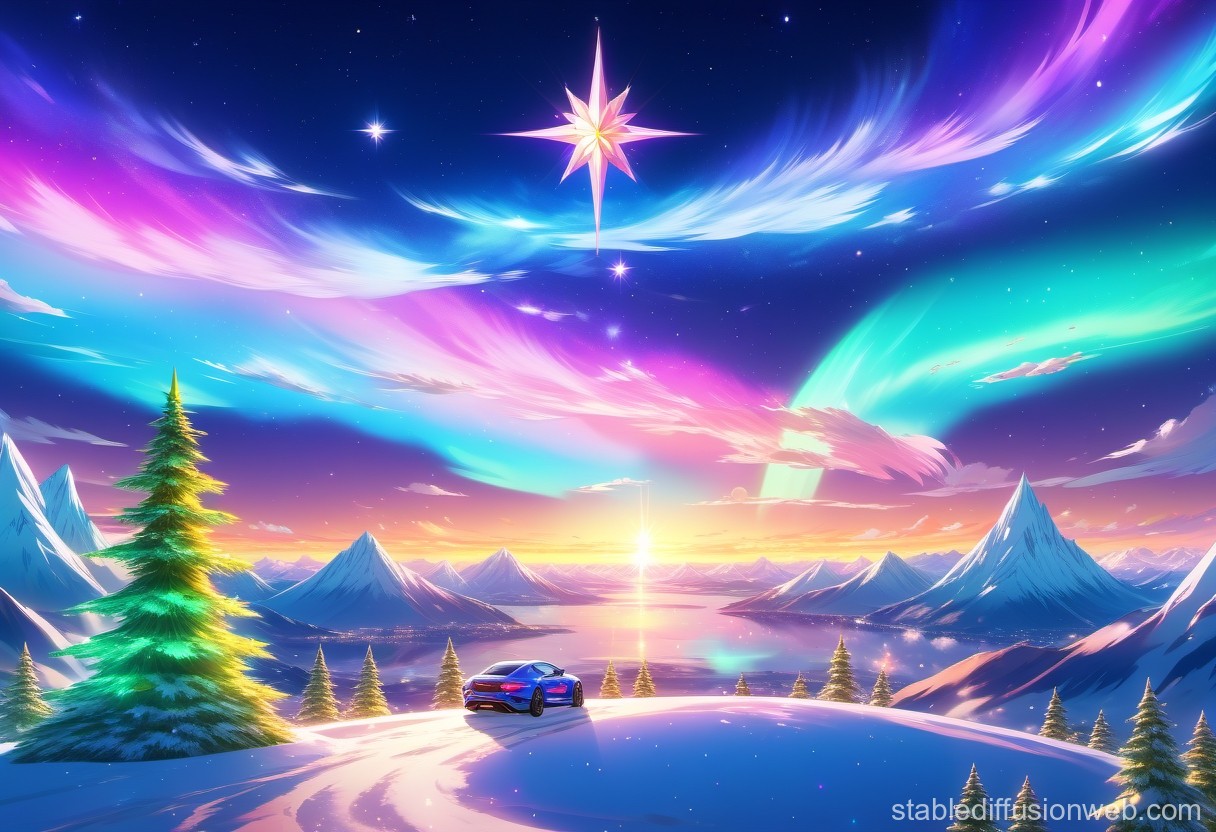 Futuristic Car Overlooking a Vibrant Aurora Mountain Landscape