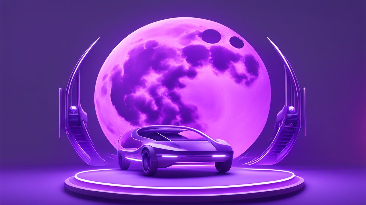 Futuristic Car with Neon Moon Backdrop