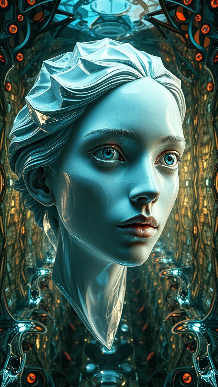 Futuristic Ceramic Bust in Ornate Sci-Fi Corridor