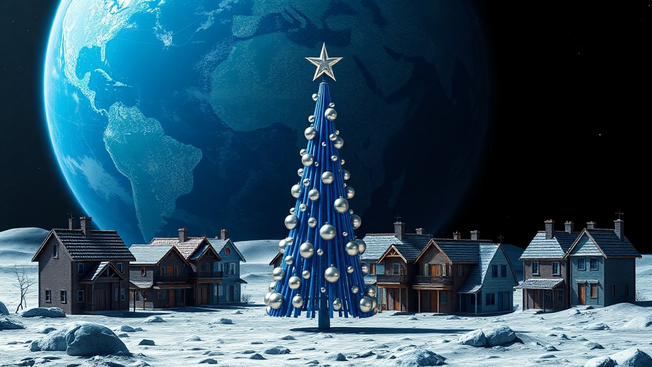 Futuristic Christmas Tree on a Lunar Landscape with Earth in Background