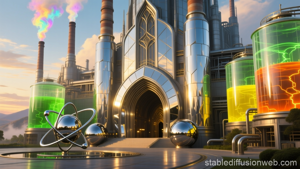 Futuristic Chrome Cathedral with Colorful Industrial Tanks