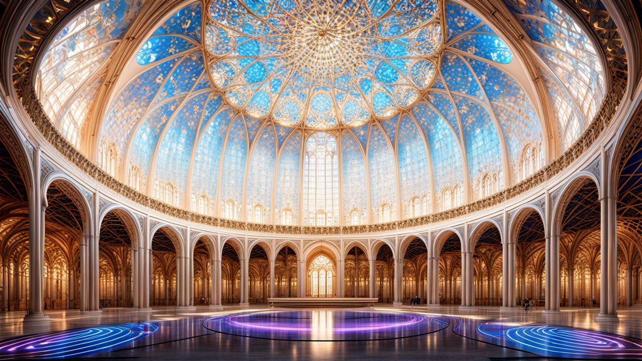 Futuristic Circular Hall with Ornate Dome and Neon Floor