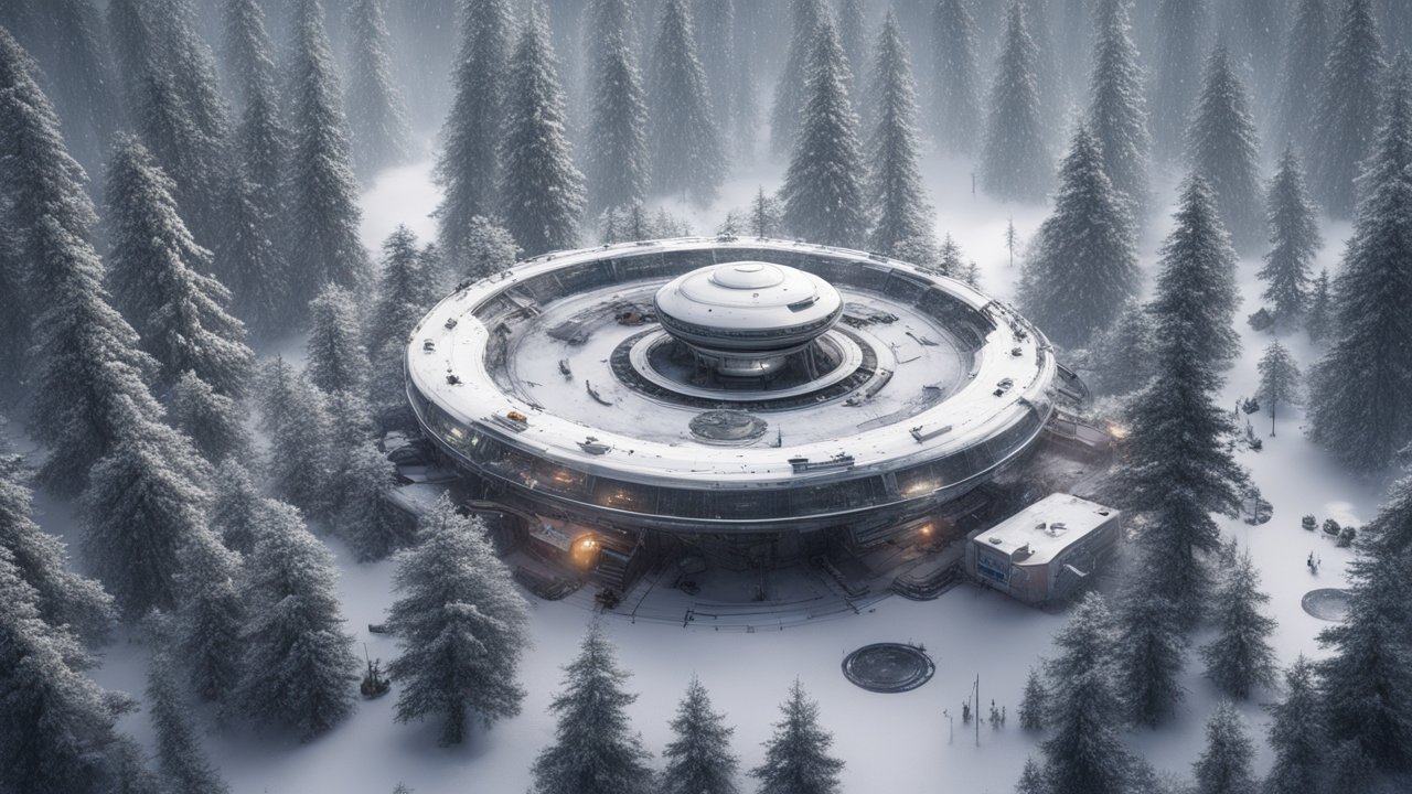 Futuristic Circular Landing Pad Station in Snowy Forest