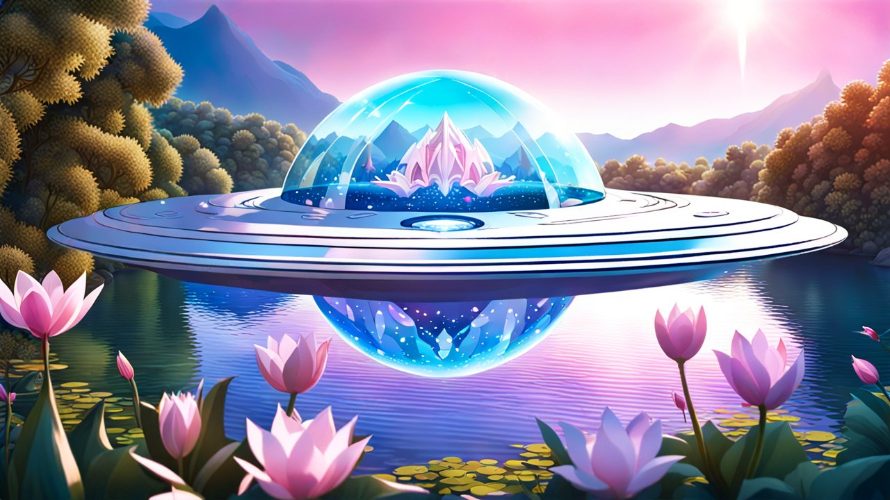 Futuristic Circular Spaceship Over Serene Lake with Lotus Flowers